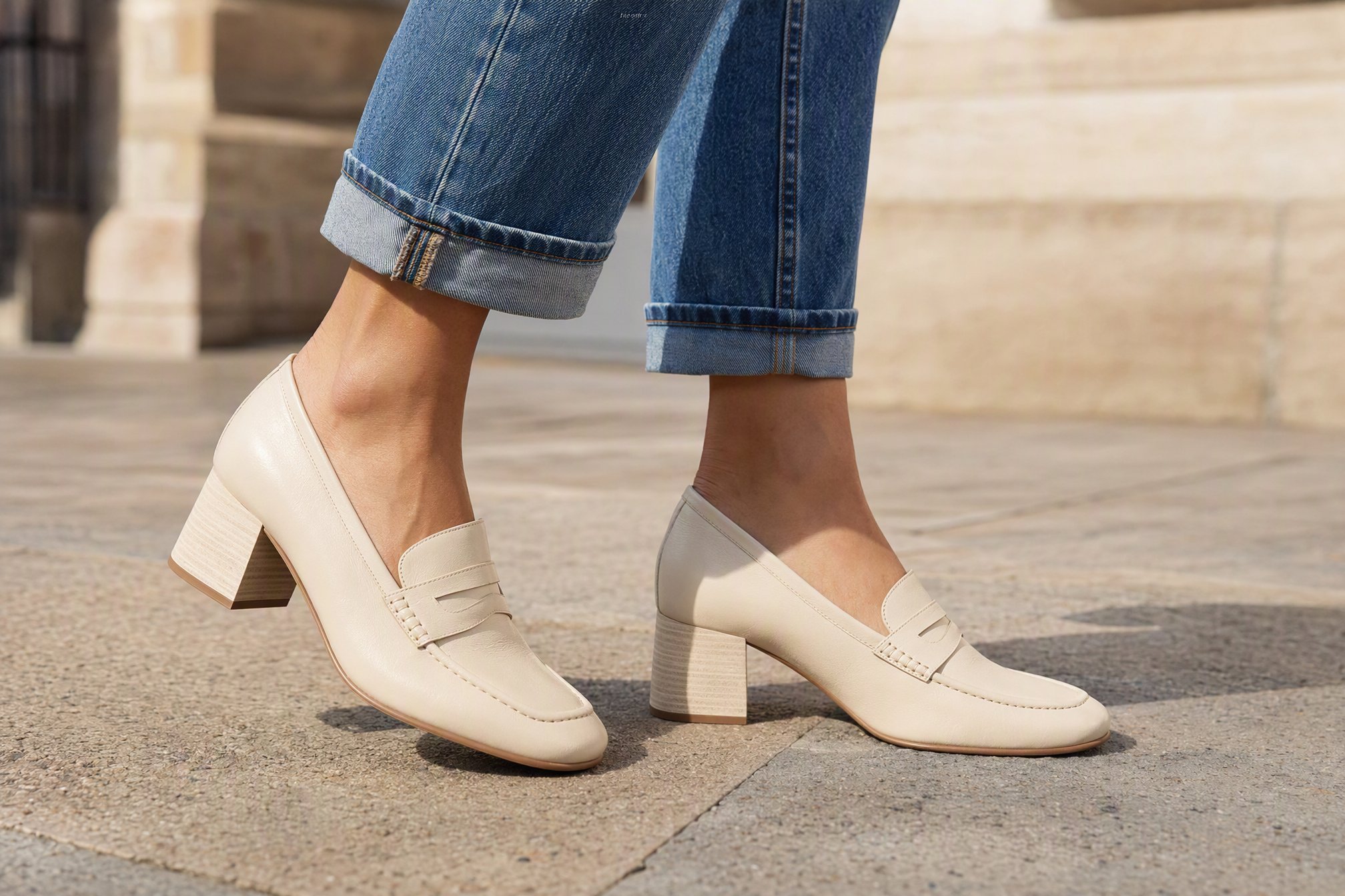 Woman walking in cream leather loafers on a city pavement
