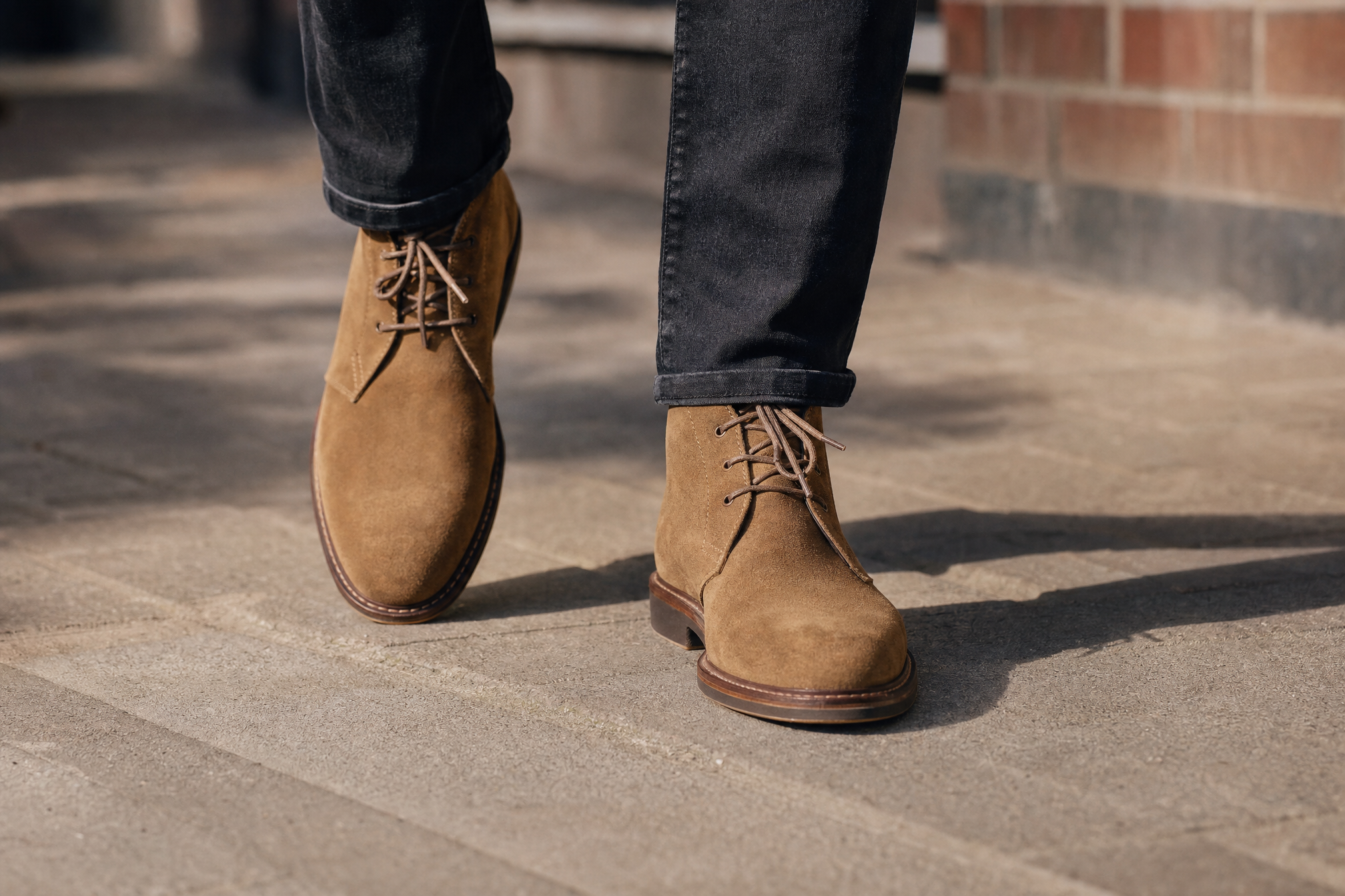 Man walking in tan suede boots on a city pavement