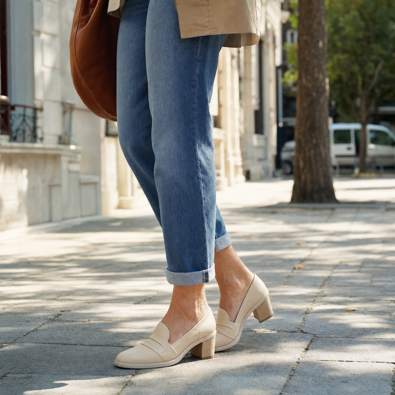Woman walking in cream leather loafers on a city pavement