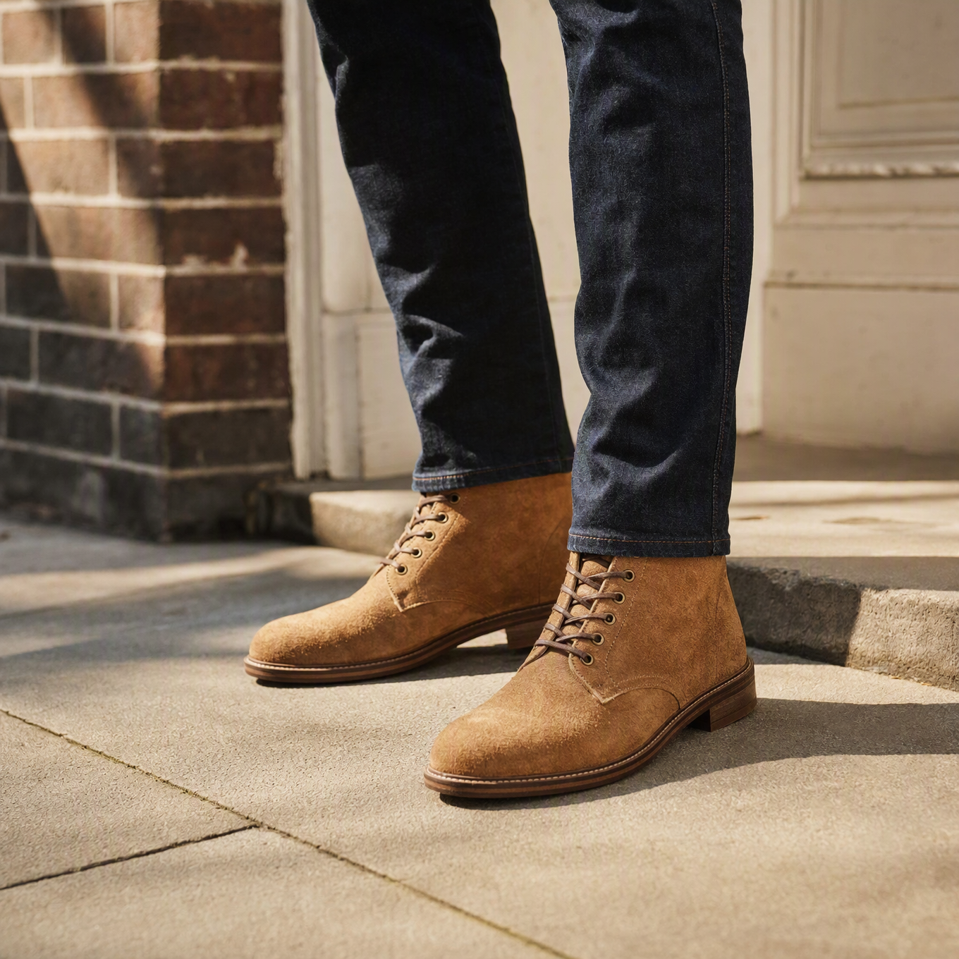 Man in tan suede boots standing on a doorstep
